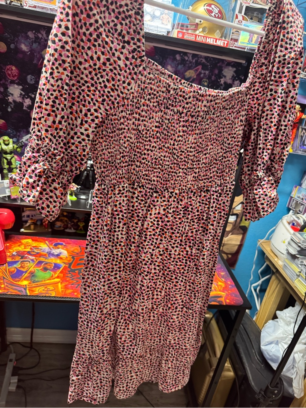 Eloquii Pink and Black Spot Smocked Midi Dress